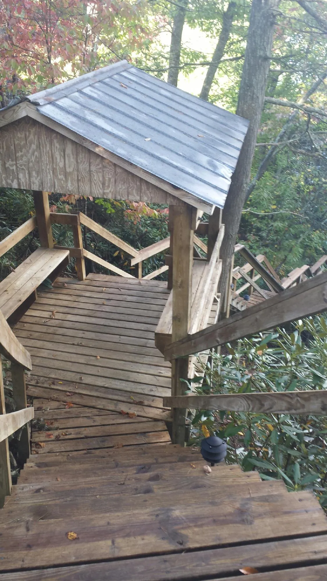 Metal roofed shelter over wooden steps on a wooded walkway — Skylight Repair & Installation work by our crew in Nunnelly